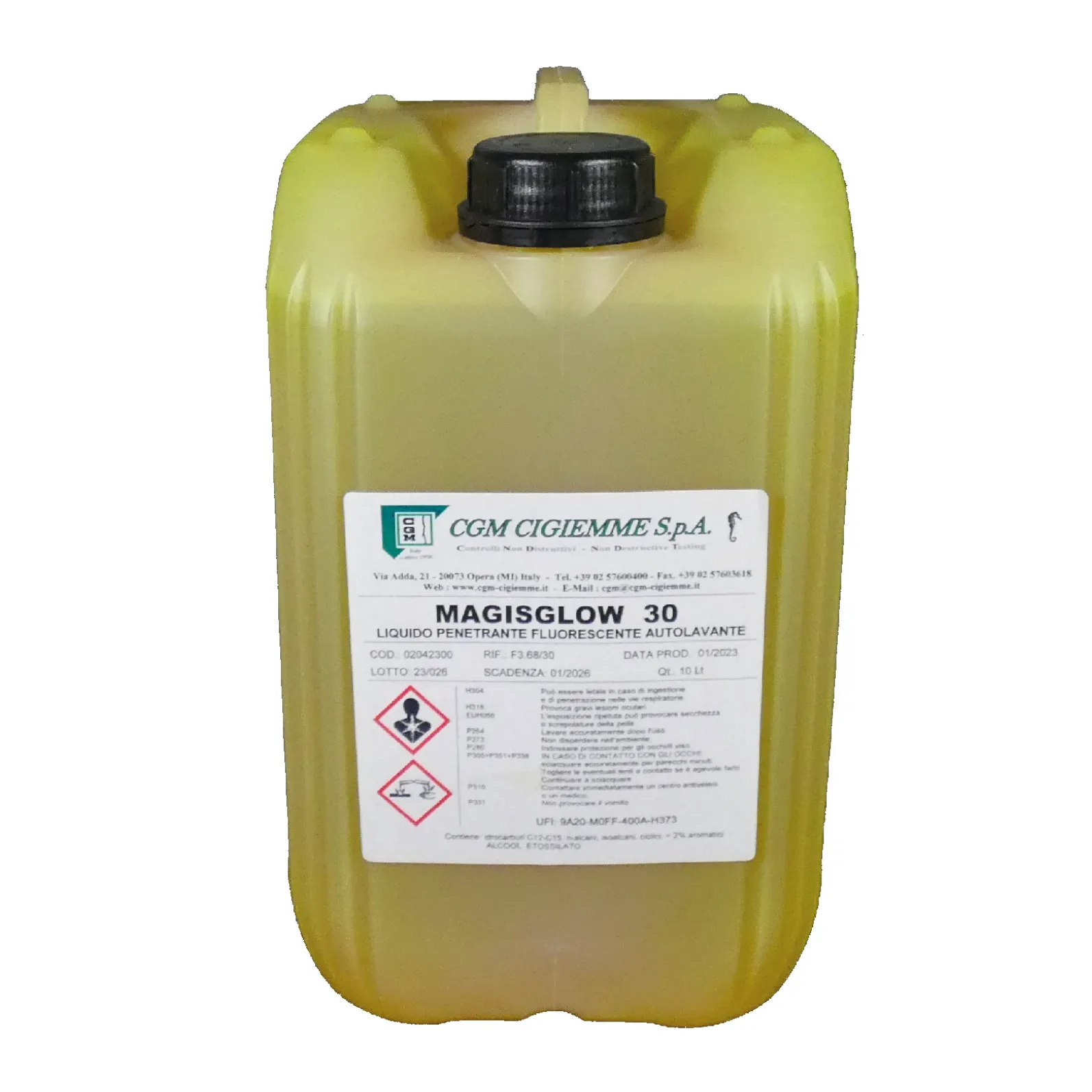 Magisglow-30-tanica Penetrante fluorescente lavabile in acqua, Livello 4. Ideale per CND su saldature e metalli. Conforme EN ISO 3452 e ASTM.