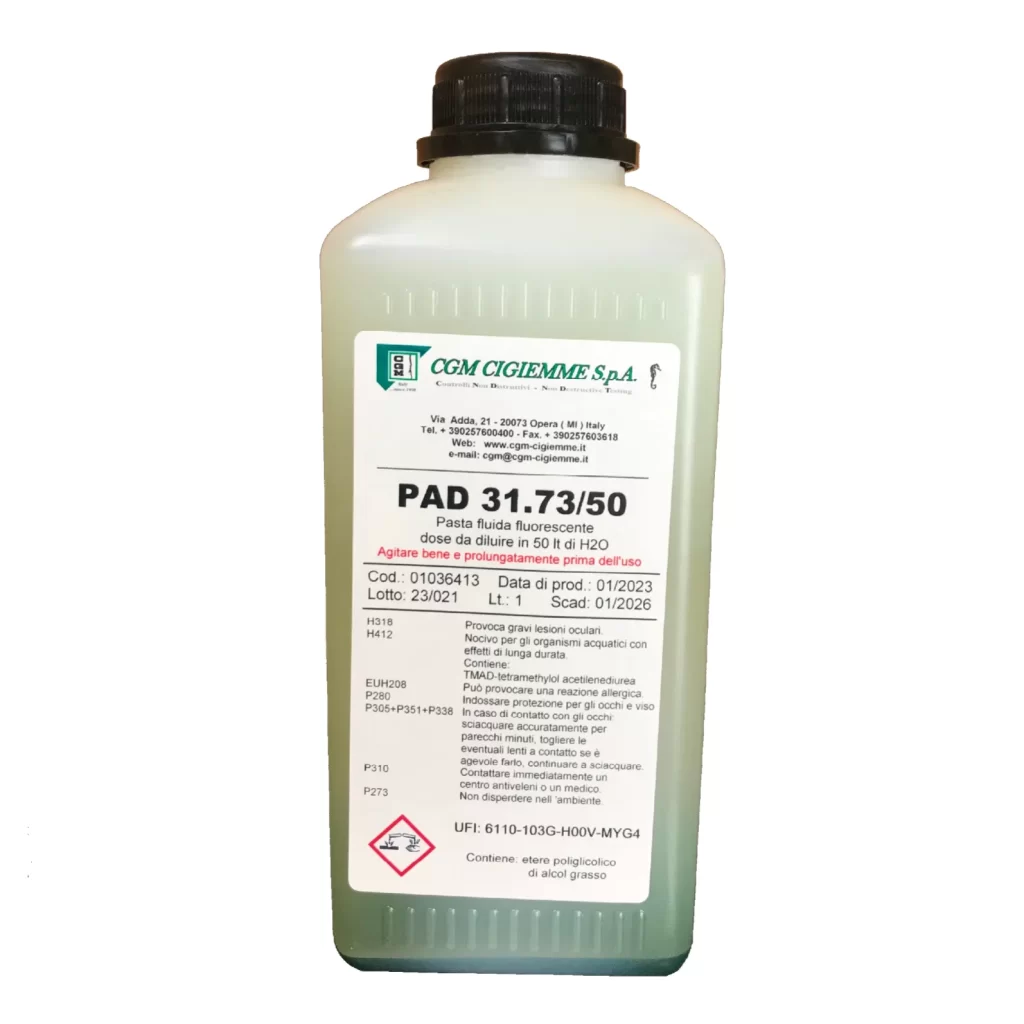Polvere magnetica fluorescente concentrata per controlli CND a umido. Alta sensibilità, fluorescenza brillante e indicazioni nitide.
