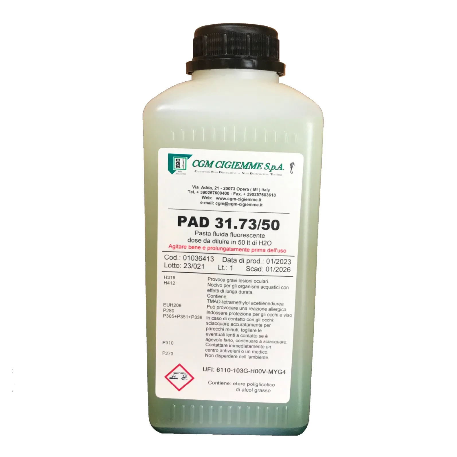 PAD 31-73-50 Polvere magnetica fluorescente concentrata per controlli CND a umido. Alta sensibilità, fluorescenza brillante e indicazioni nitide.