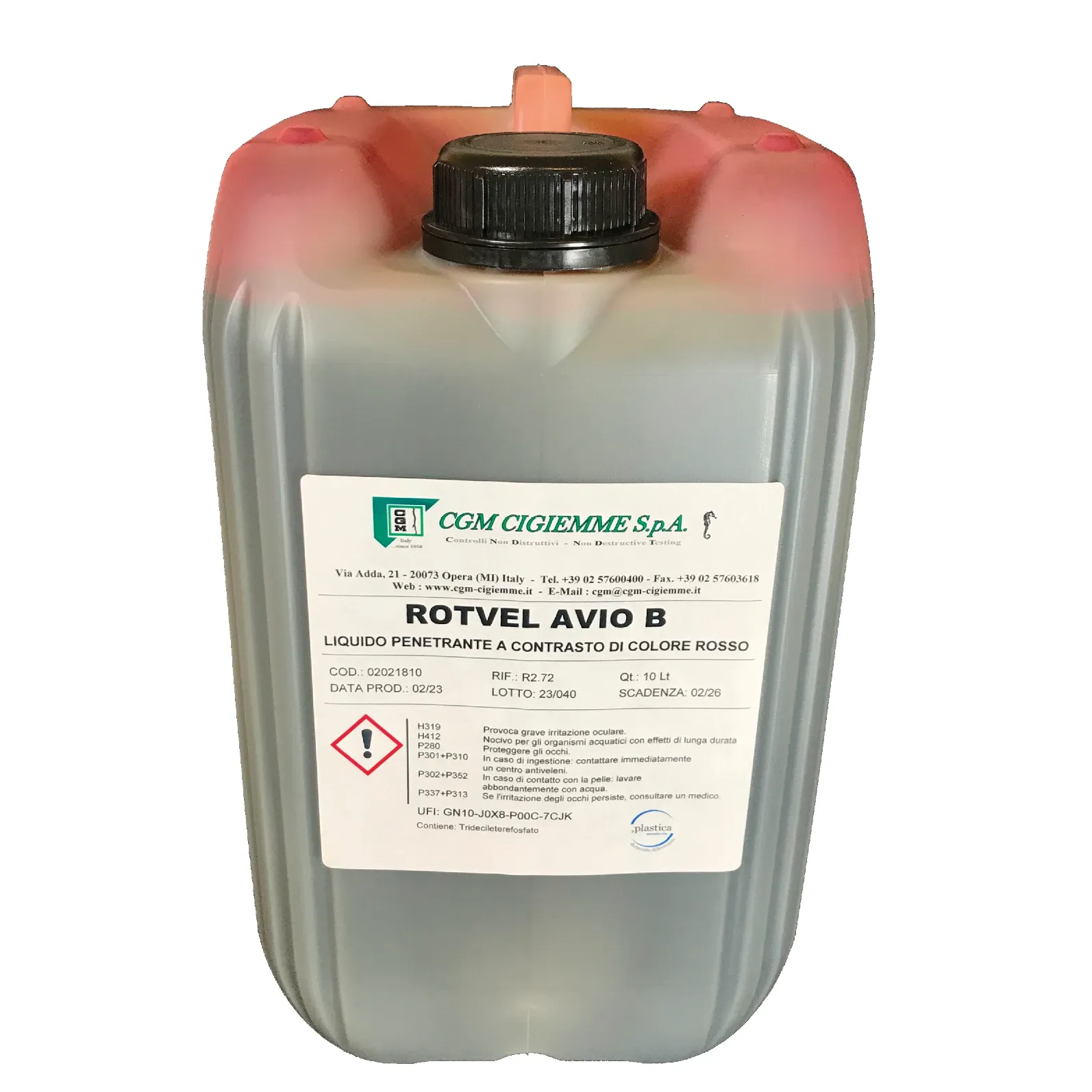 Rotvel-Avio-B-tanica Liquido penetrante rosso ad alta sensibilità per controlli CND. Lavabile ad acqua o solvente, ideale per cricche e saldature.