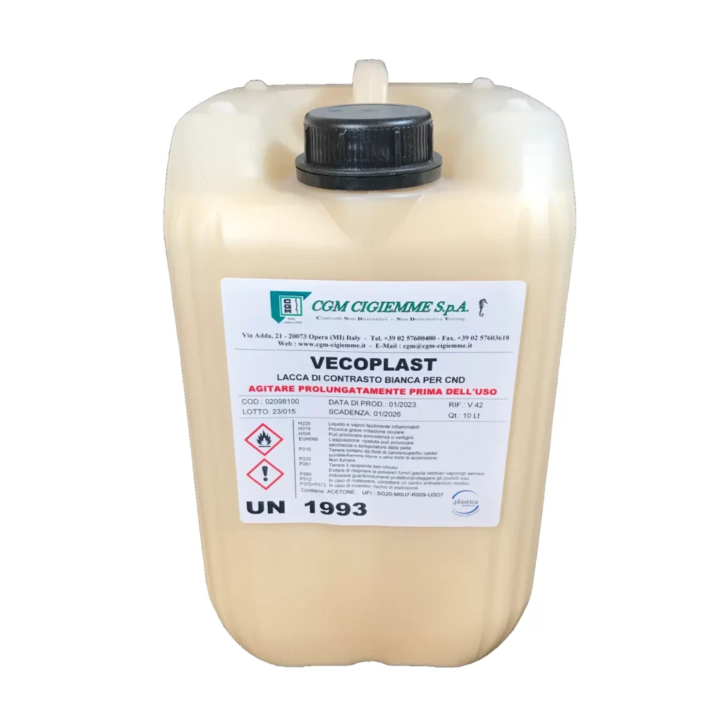 Lacca di contrasto bianca ad alta opacità per controlli con particelle magnetiche. Rapida essiccazione, conforme EN ISO 9934-2 e ASTM.
