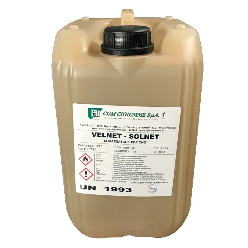 Velnet-solnet-tanica 10L Solvente professionale per pulizia preliminare e finale, rimozione penetranti e oli industriali. Evaporazione rapida, senza residui, compatibile con prodotti CGM.